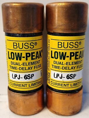 Bussmann LPJ-6SP 600 V AC / 300 V DC 6 A Low-Peak Time-Delay Fuses - Lot of 2