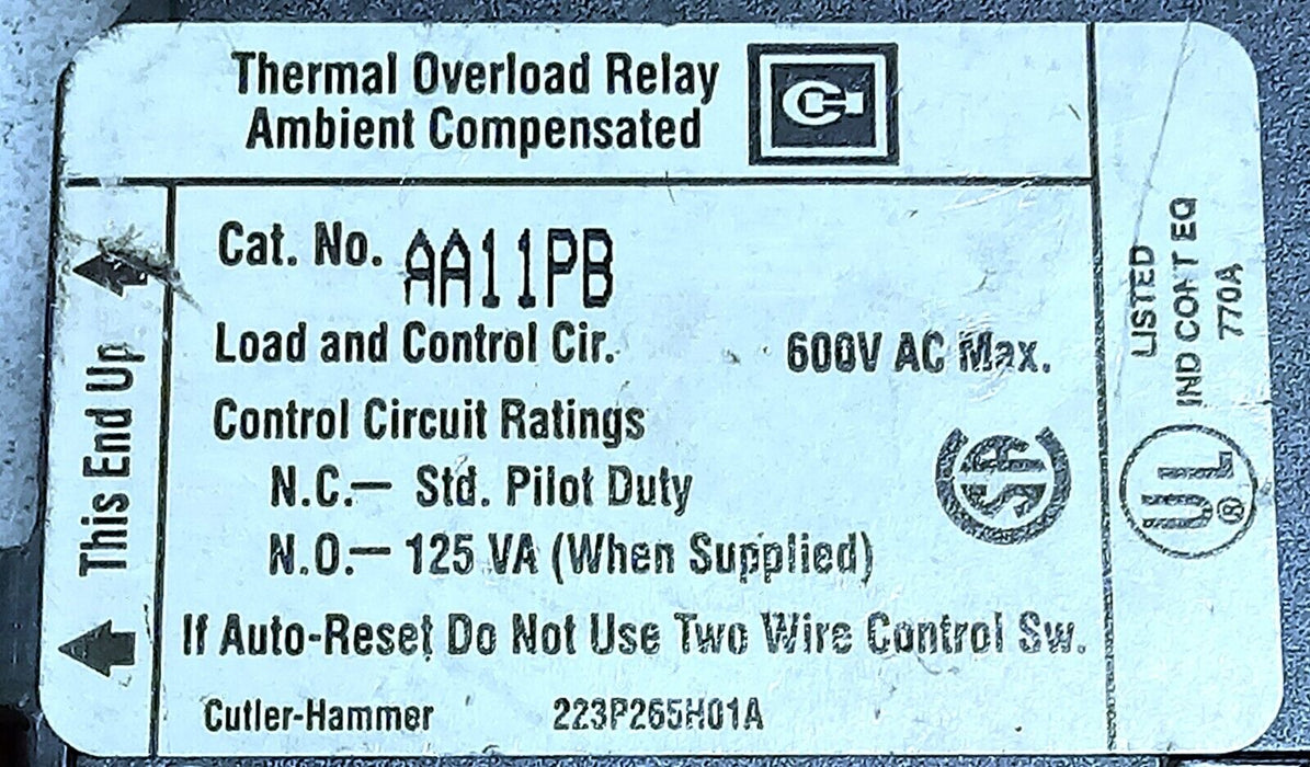 Cutler-Hammer AA11PB 600 V AC Size 1 Thermal Overload Protection Relay