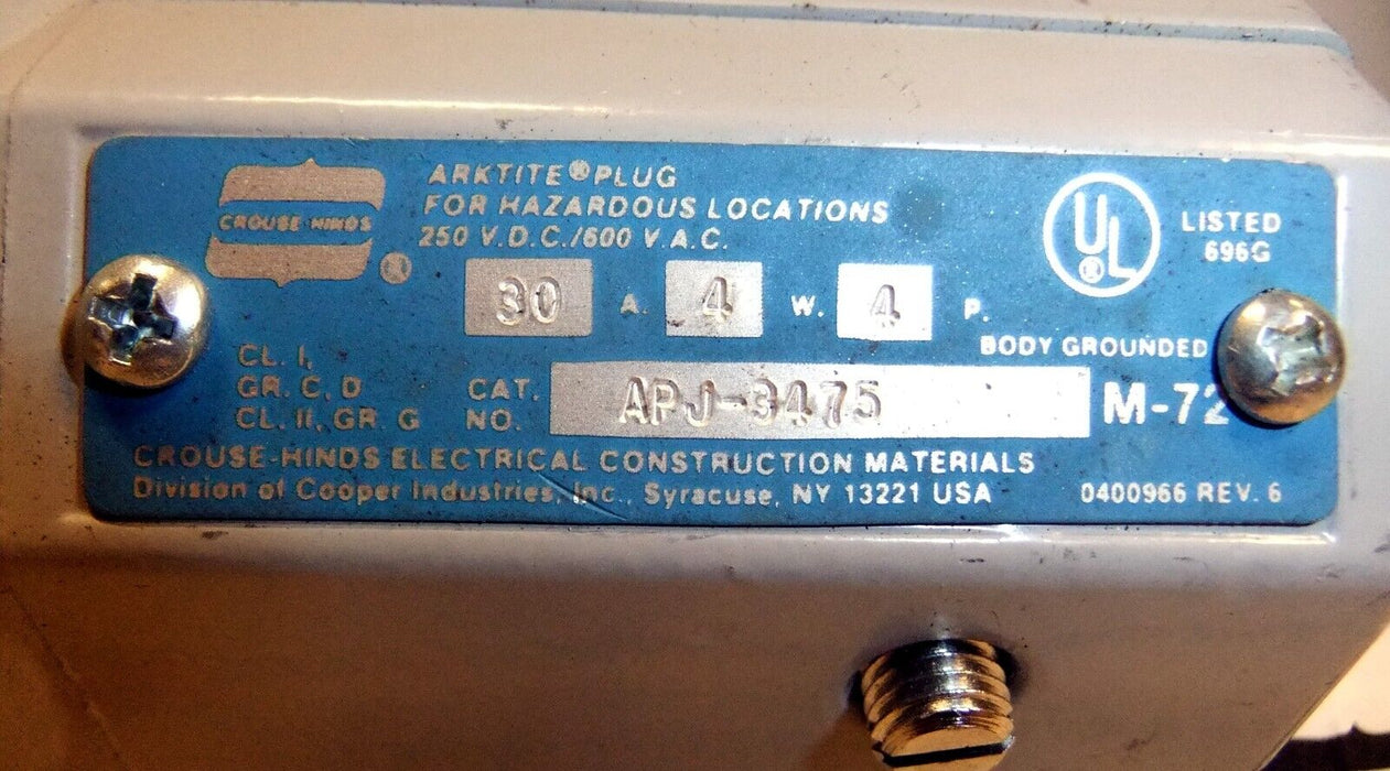 Cooper Crouse Hinds APJ3475 Model M72 Plug 30A 4P 4 Wire