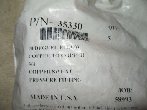 1 LOT OF 5 35330 3/4 COPPER SWEAT ELBOW PRESSURE FITTINGS