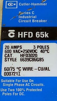 Cutler-Hammer HFD3020 Ser C 600V 20A Industrial Circuit Breaker