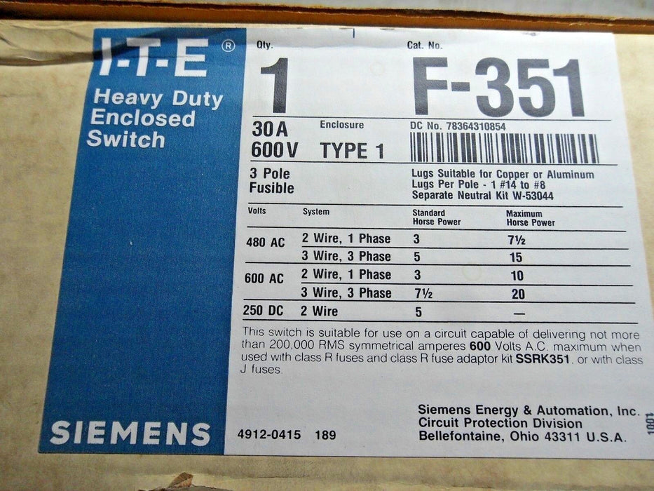 Siemens F351 Heavy Duty Enclosed Switch