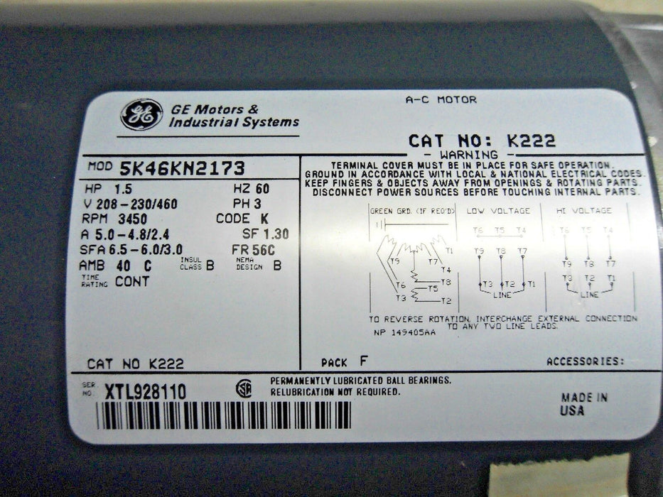 GE 5K46KN2173 K222 208-230/460 V 3450 RPM 1.5 HP 56C AC Motor