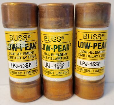 Bussmann LPJ-15SP 600 V AC / 300 V DC 15 A Low-Peak Fuses - Lot of 3