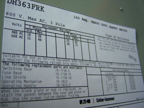 Cutler-Hammer Safety Switch 100A 3P 600V DH363FRK