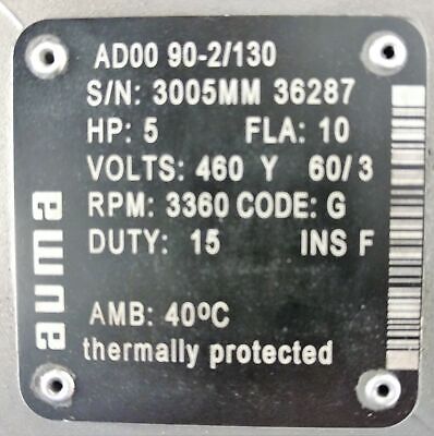 Auma AD00 90-2/130 5HP 460 Volts 3 Phase 3360RPM Electric Motor