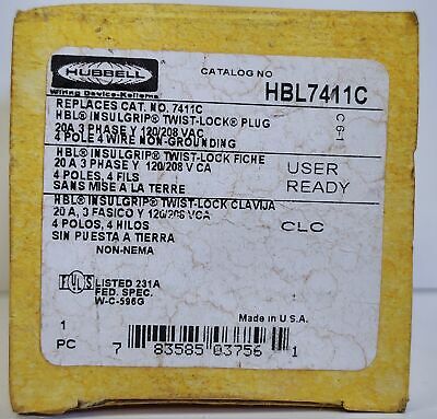 Hubbell HBL7411C 20 A 3 Phase 120/208 VAC Non-Grounding Male Twist-Lock Plug