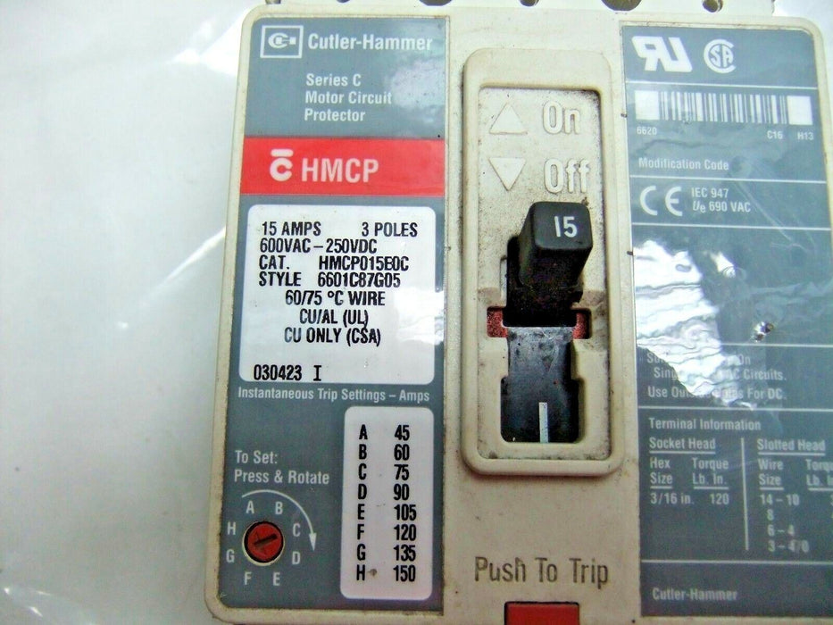 Cutler-Hammer Circuit Breaker HMCP015EOC 3P 15A 600VAC