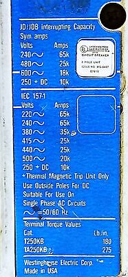 Cutler-Hammer JD3250F-1491D81GO3 600 VAC 250 A 3-Pole Industrial Circuit Breaker