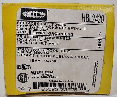 Hubbell HBL2420 3 Pole 4 Wire 20 A 3 Phase 250 VAC Twist-Lock Receptacle
