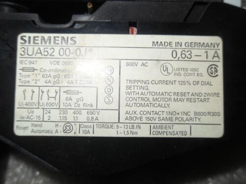 1 Siemens 3UA52 00-0J OVERLOAD RELAY