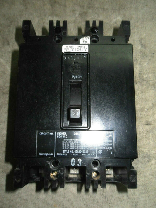 Westinghouse FB3020L 20A 600VAC Circuit Breaker