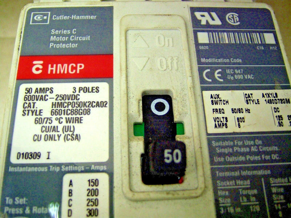 Cutler-Hammer HMCP050K2CA02 50A 3P Circuit Breaker 250VDC