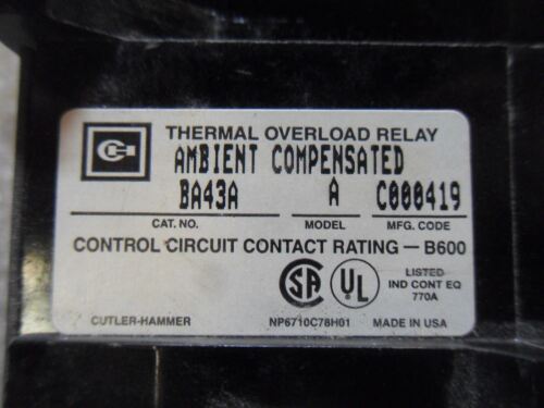 Cutler-Hammer BA43A Thermal Overload Relay