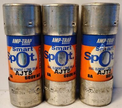 Ferraz Shawmut AJT8 600 VAC / 500 VDC 8 A Smart Spot Time Delay Fuse - Lot of 3