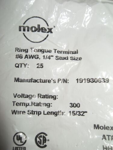 25 Molex 191930639 Ring Tongue Terminals