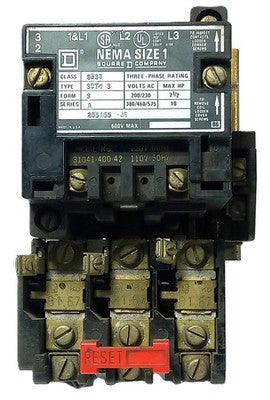 Square D 8536-SCTO-3-S 220/240 V AC 3 Pole NEMA Size 1 7-1/2 hp Starter
