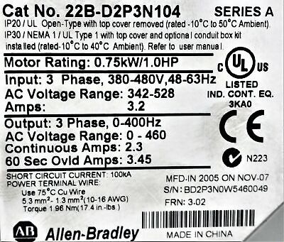 Allen-Bradley 22B-D2P3N104 Variable Frequency AC Drive