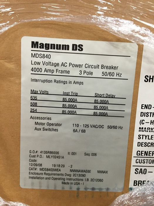 Eaton Cutler-Hammer MDS8403WEA 4000A Power Circuit Breaker