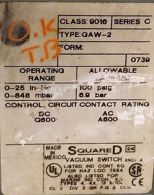 Square D 9016GAW2 Vacuum Switch