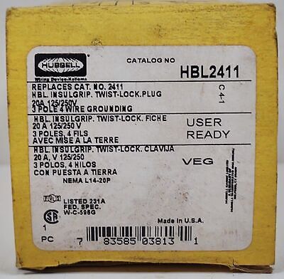 Hubbell HBL2411 3 Pole 4 Wire 20 A 125/250 V Male Locking Plug