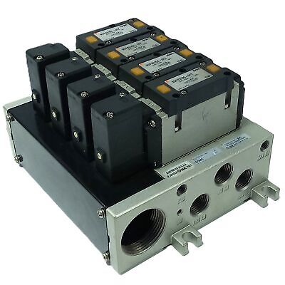 SMC NVV5FS3-01T-041 4 Stage Manifold Assembly w/ 4 NVFS3100-3FZ Solenoid Valves