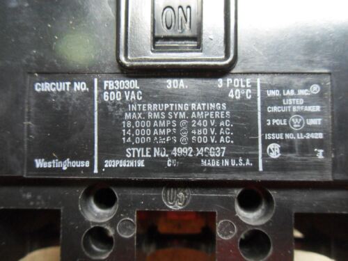 Westinghouse FB3030 L Circuit Breaker 30A 600 Vac