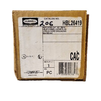 Hubbell HBL26419 600 V 60 A 3 Pole 4 Wire Plug