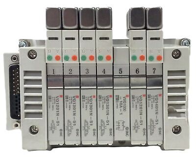 SMC VV5Q1107DAL01092 7 Station Pneumatic Manifold Base w/ VQ1301N-51 Solenoids