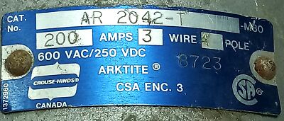 Crouse-Hinds AR 2042-T AR2042T 600 V AC/250 V DC 200 A 3 Wire 4 Pole Receptacle