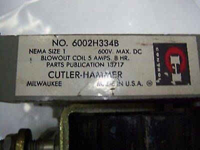 Cutler-Hammer DC Contactor Sz 1 6002H334B 600V 5A