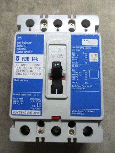 Westinghouse FDB3015 600VAC 15A 3 Pole Circuit Breaker