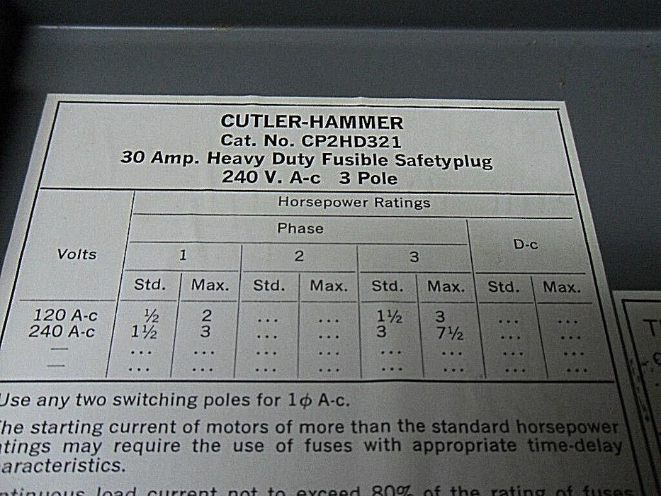 Cutler-Hammer CP2Hd321 Heavy Duty Fusible Safety Bus Plug 30A
