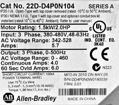 Allen-Bradley 22D-D4P0N104 Variable Frequency AC Drive