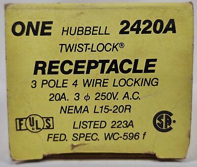 Hubbell HBL2420A 3 Pole 4 Wire 20 A 3 Phase 250 VAC Twist-Lock Receptacle