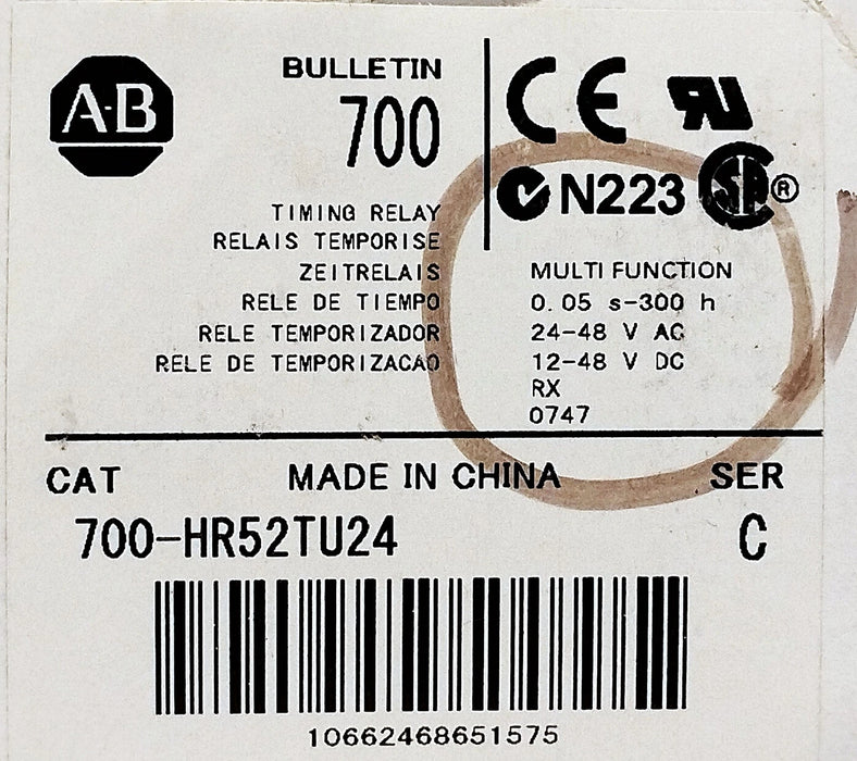 Allen-Bradley 700-HR52TU24 Ser C 12-48VDC/24-48VAC .05 Sec-300 Hr Timer Relay