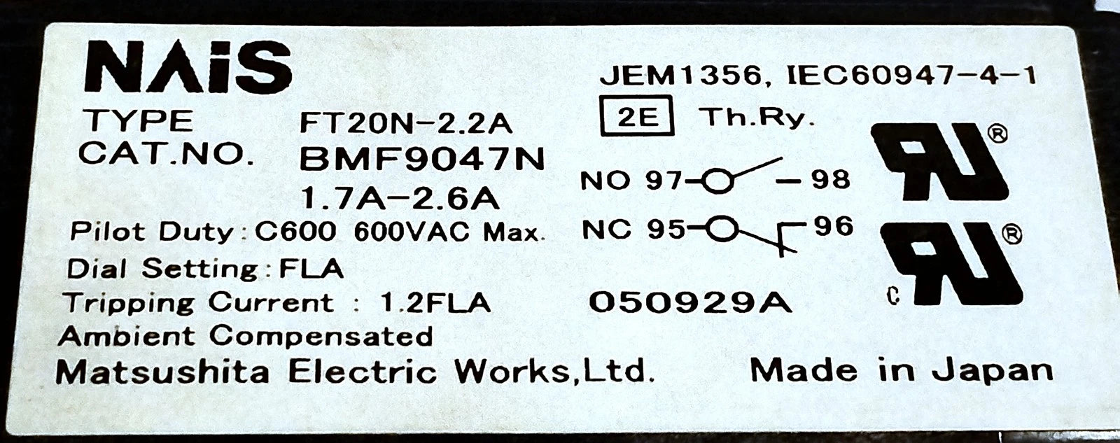 NAIS BMF9047N FT20N-2.2A 600 V AC 1.7-2.6 A 3-Pole Overload Protection Relay