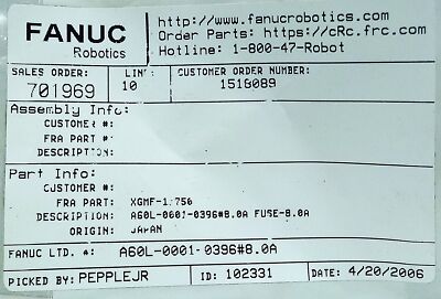 FANUC A60L-0001-0396#8.0A 250 V 8 A Fuse