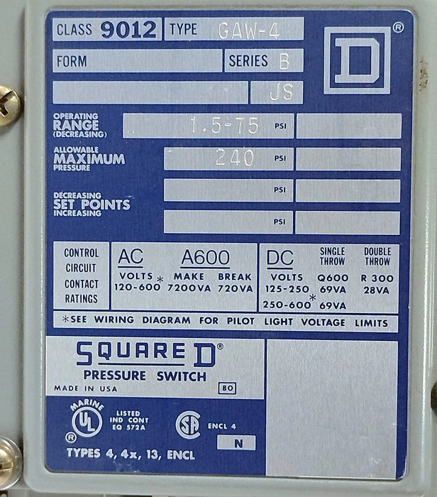 Square D 9012-GAW-4 120-600 V AC 1.5-75 psi Pressure Switch
