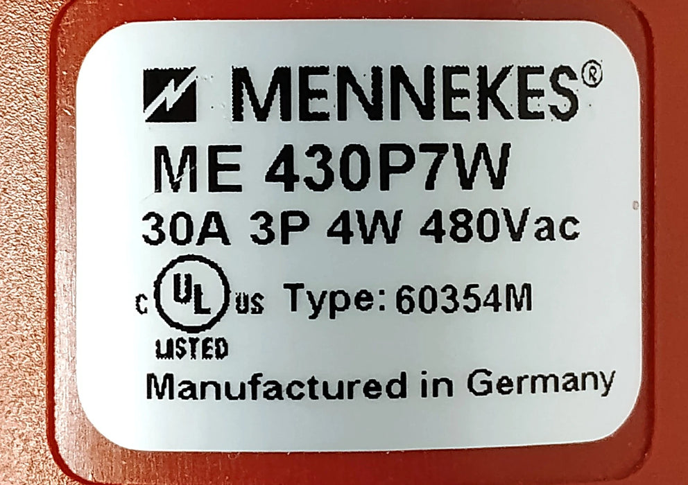 MENNEKES ME 430P7W 480 V AC 30 A 3 Pole 4 Wire Pin and Sleeve Plug