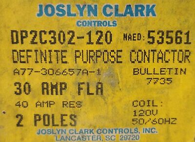 Joslyn Clark DP2C302-120 110/120 V AC 2 P Definite Purpose Contactor