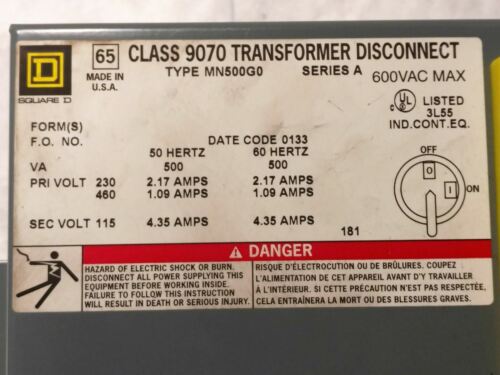 Square D 9070MN500G0D1 Transformer Disconnect