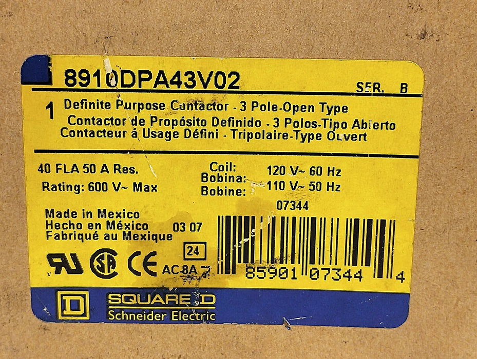 Square D 8910DPA43V02 600 V 40 A Definite Purpose Contactor w/ 110/120 V AC Coil