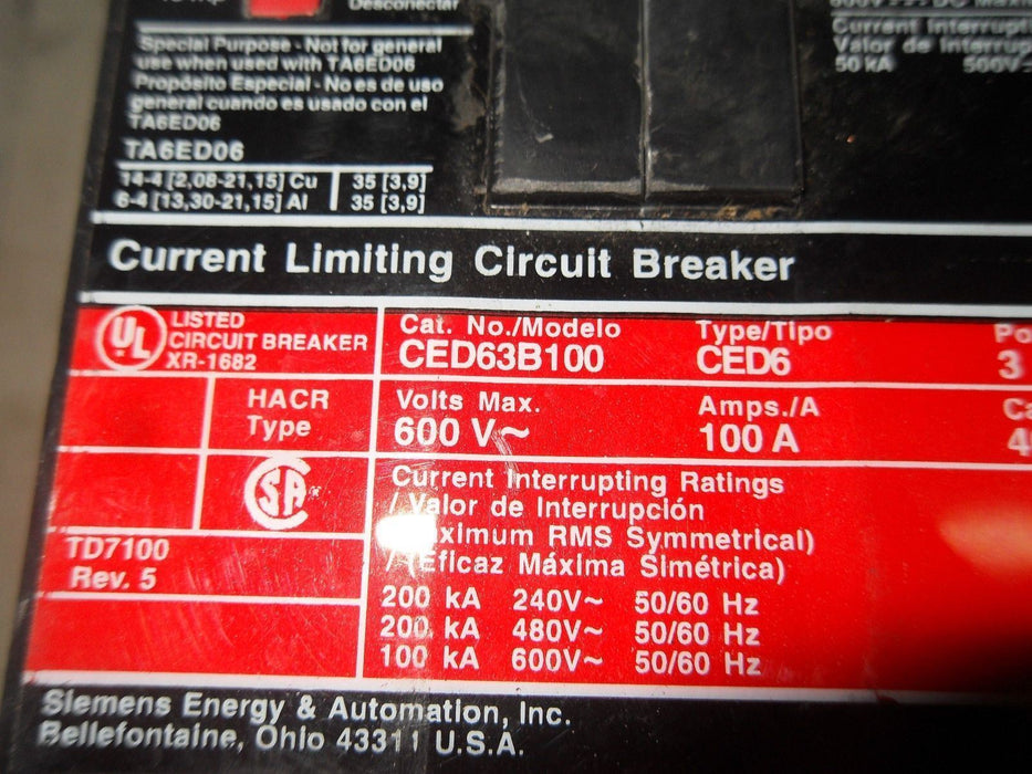 Siemens CED63B100 100AMP Circuit Breaker Current Limiting