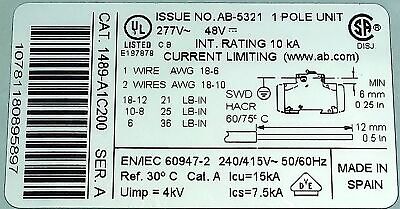 Allen-Bradley 1489-A1C200 277VAC/48VDC 20 A Current-Limiting Circuit Breaker