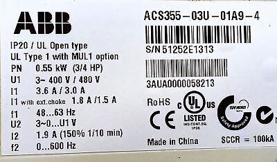 ABB ACS355-03U-01A9-4 Variable Frequency Drive in Enclosure