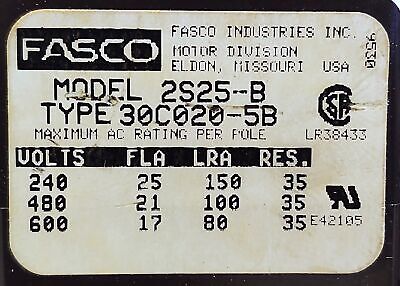 FASCO 30C020-5B 2S25-B 110/120V 35A Definite Purpose Contactor