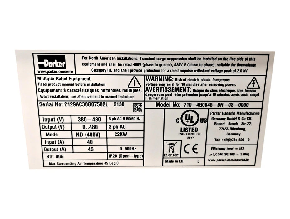 Parker 710-4G0045-BN-0S-0000 380-480V Power Stack w/ 31V-4G0045-BN-2S-0000 Drive