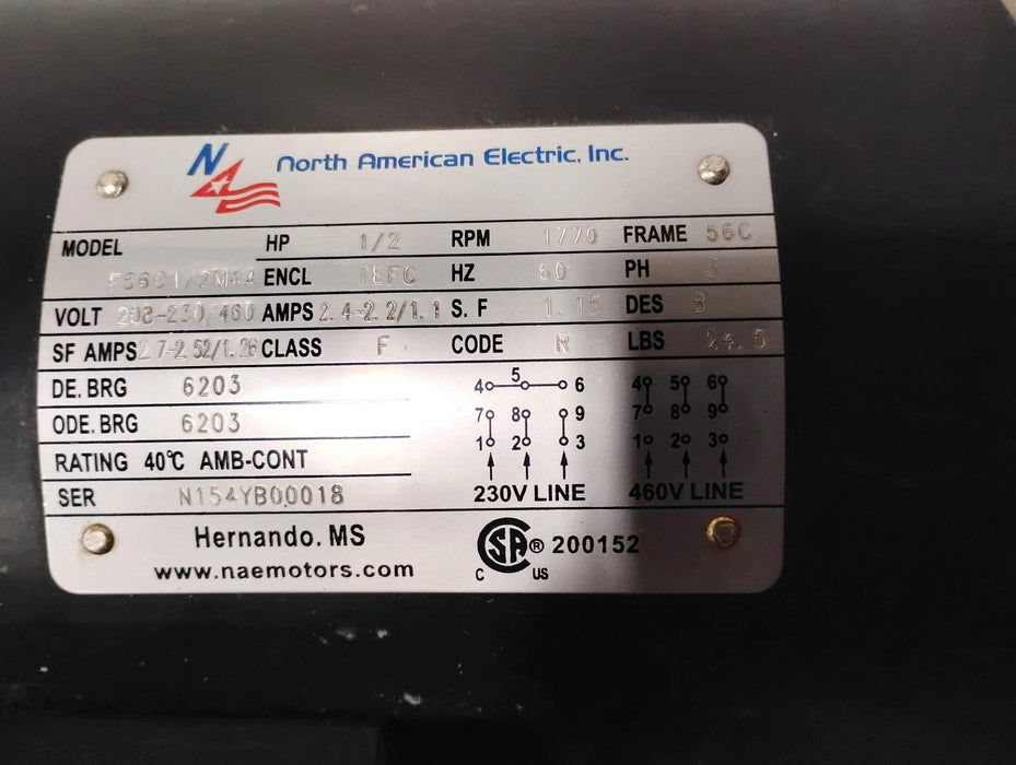 North American Electric F56C1/2M4A 230/460 V 1/2 HP 1770 RPM Rolled Steel Motor