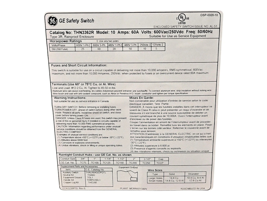 GE THN3362R 600 V AC / 250 V DC 60 A 3 P 3 W HD 3R Outdoor Safety Switch